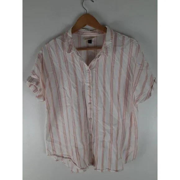 Universal Thread Pink & White Vertical Stripe Button Down Shirt Short Sleeve L - Picture 1 of 12